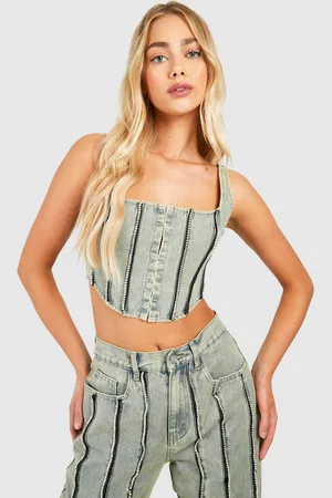 Boohoo Womens Diamante Detail Dirty Wash Denim Corset Top - Cotton - Size 16 UK