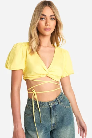 Boohoo Womens Puff Sleeve Knot Front Crop Top - - Size 14 UK