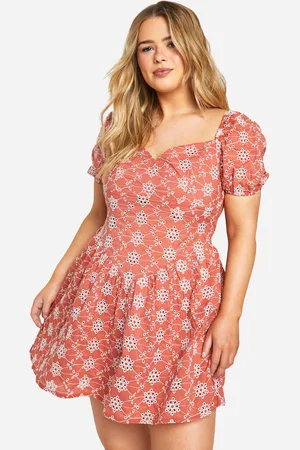 Boohoo Womens Plus Broderie Puff Sleeve Tiered Mini Dress - Cotton - Size 22 UK