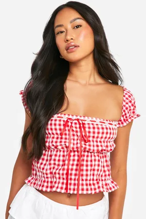 Boohoo Womens Shirred Waist Puff Sleeve Ribbon Detail Gingham Crop Top - Cotton - Size 12 UK