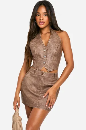 Boohoo Womens Washed Faux Leather Halterneck Waistcoat - - Size 16 UK