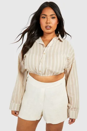 Boohoo Womens Plus Stripe Linen Look Gathered Hem Crop Shirt - Cotton - Size 16 UK