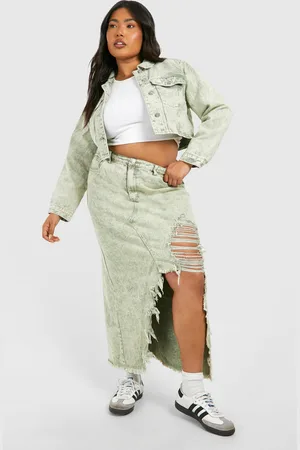 Boohoo Womens Plus Washed Acid Wash Distressed Denim Maxi Skirt Cotton - Size 24 UK