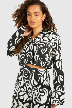 Boohoo Womens Mono Print Linen Look Relaxed Fit Shirt - Cotton - Size 6 UK