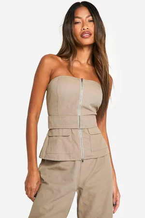 Boohoo Womens Belted Bandeau Utility Woven Top - Cotton - Size 10 UK