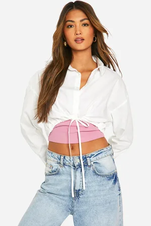 Boohoo Womens Cropped Ruched Hem Shirt And Contrast Rib Vest Set - Cotton - Size 6 UK