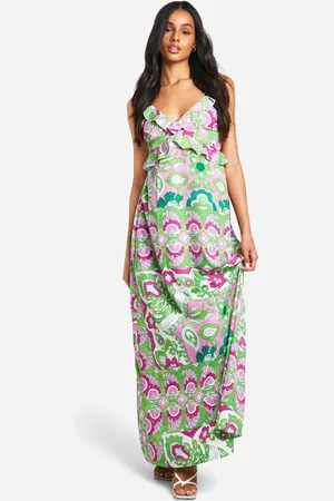 Boohoo Womens Tall Abstract Strappy Ruffle Detail Maxi Dress - - Size 8 UK