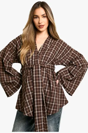 Boohoo Womens Maternity Off The Shoulder Tie Waist Check Shirt - Cotton - Size 8 UK