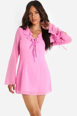 Boohoo Womens Chiffon Ruffle Front Tie Sleeve Shift Dress - - Size 10 UK