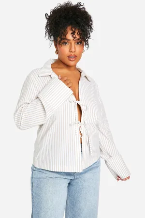 Boohoo Womens Plus Linen Look Stripe Tie Front Shirt - - Size 28 UK
