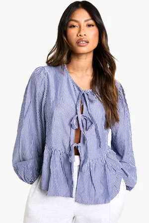 Boohoo Womens Pinstripe Tie Front Puff Long Sleeve Smock Top Cotton - Size 12 UK