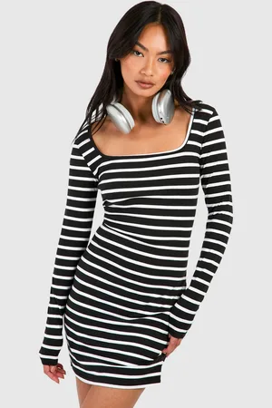 Boohoo Womens Premium Super Soft Square Neck Stripe Bodycon Mini Dress - Cotton - Size 16 UK