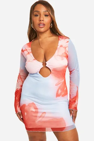 Boohoo Womens Plus Mesh Floral Print Cut Out Detail Long Sleeve Mini Dress - - Size 24 UK