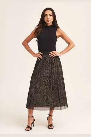 Gini London Womens Animal Print Mesh Overlay Pleated Midi Skirt - Size 10 UK