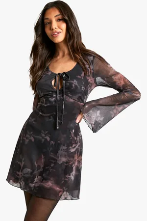 Boohoo Womens Printed Mesh Tie Front Flare Sleeve Mini Dress - - Size 10 UK