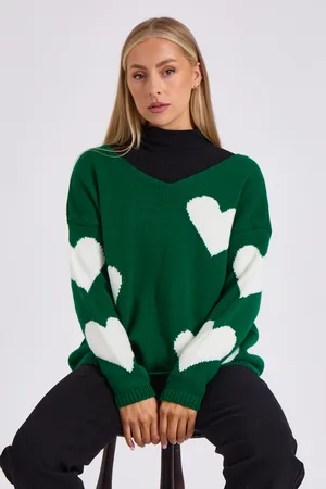 Gini London Womens V Neck Oversized Heart Knit Jumper - Size Medium/Large