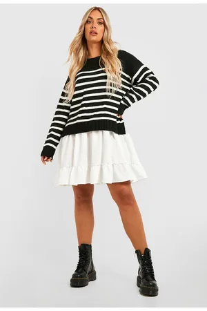 Boohoo Womens Plus Knitted Stripe Jumper 2 In 1 Shirt Dress - - Size 28 UK