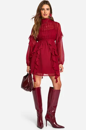 Boohoo Womens Crinkle Chiffon Funnel Neck Ruffle Smock Dress - - Size 16 UK