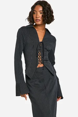 Boohoo Womens Tall Pinstripe Lace Up Tailored Shirt - - Size 8 UK