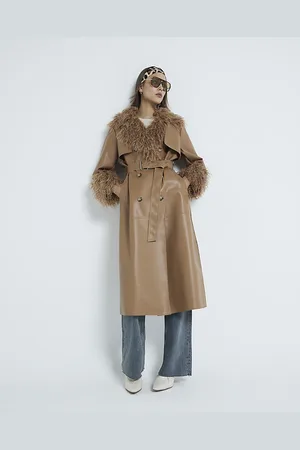 River Island Womens Trench Coat Faux Fur Trim Leather Pu - Size Medium