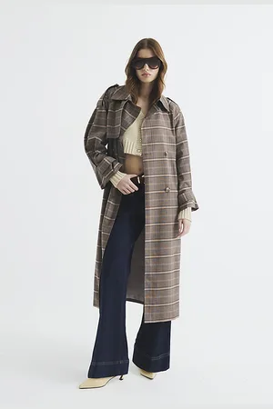 River Island Womens Trench Coat Check Belted - Size Medium