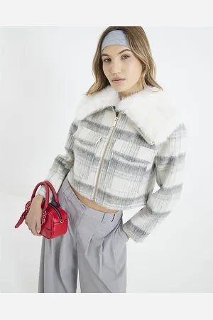 River Island Womens Crop Jacket Check Faux Fur Collar - Size 16 UK