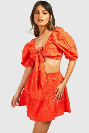 Boohoo Womens Broderie Knot Top & Ruffle Hem Skirt - Cotton - Size 16 UK