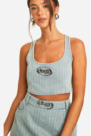 Boohoo Womens Dsgn Badge Vintage Tint Stripe Denim Crop Top - Cotton - Size 14 UK