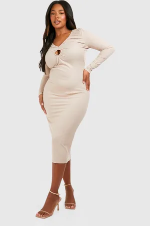 Boohoo Womens Plus Rib Key Hole Detail Long Sleeve Midi Dress - - Size 26 UK