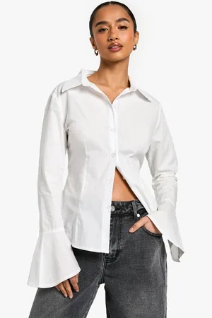 Boohoo Womens Petite Flared Sleeve Cinched Waist Shirt - Cotton - Size 14 UK