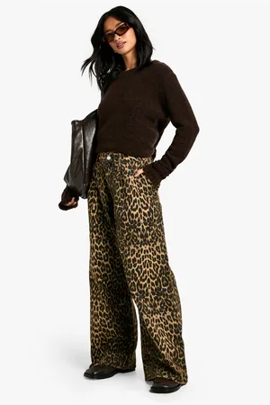 Boohoo Womens Petite Faded Denim Leopard Print Wide Leg Jean - Cotton - Size 12 UK