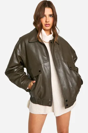 Boohoo Womens Teddy Lined Faux Leather Oversized Bomber Jacket - - Size 12 UK