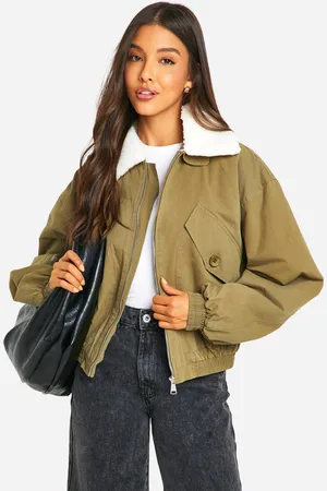 Boohoo Womens Borg Collar Bomber Jacket - Cotton - Size 14 UK