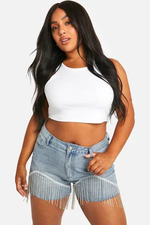 Boohoo Womens Plus Diamante Trim Fray Hem Denim Shorts - Cotton - Size 22 UK