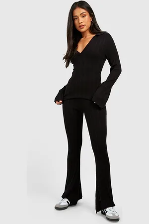 Boohoo Womens Petite Mixed Rib Polo Collar Top And Flares Knitted Set - - Size 10 UK