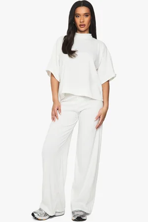 Boohoo Womens RIB OVERSIZED SHORT SLEEVE TOP & WIDE LEG TROUSER SET - - Size 14 UK