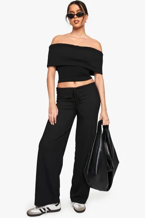 Boohoo Womens RIB FOLDOVER BARDOT TOP AND STRAIGHT LEG TROUSER SET - - Size 10 UK