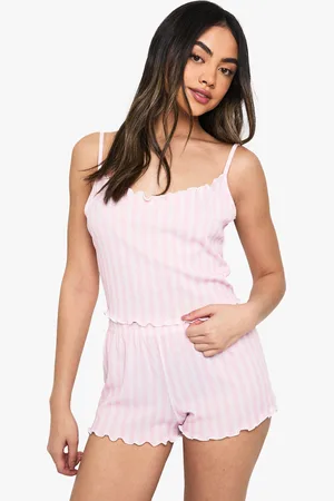 Boohoo Womens Stripe Rib Lettuce Hem Cami & Shorts Pyjama Set - - Size 8 UK