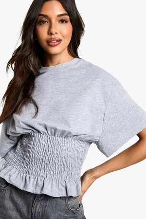 Boohoo Womens SHIRRED WAIST TSHIRT - Cotton - Size 10 UK
