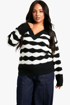 Boohoo Womens V Neck Strip Oversized Knitted Jumper - - Size 22 UK