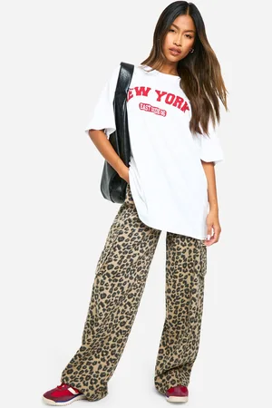 Boohoo Womens Leopard Print Cargo Wide Leg Jean - Cotton - Size 12 UK