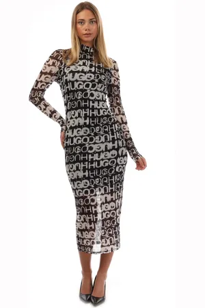 HUGO BOSS Womens Nortensis Long Sleeve Dress in Black-White - Size Small