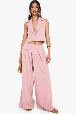 Boohoo Womens Linen Look Pleat Front Wide Leg Tailored Trousers - - Size 12 UK