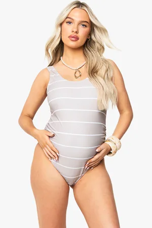 Boohoo Womens Maternity Stripe Ruched Bump Support Swimsuit - - Size 14 UK