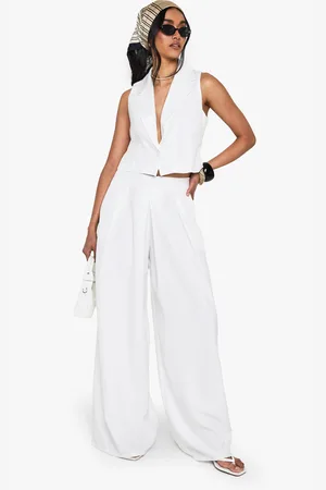 Boohoo Womens Linen Look Pleat Front Wide Leg Tailored Trousers - - Size 10 UK