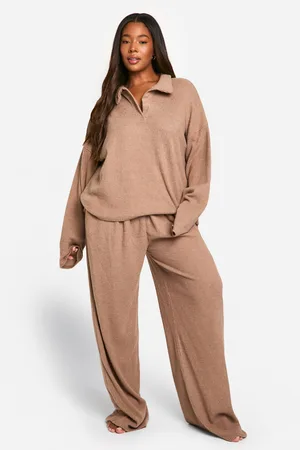 Boohoo Womens Plus Soft Rib Collared Top & Trouser Lounge Set - - Size 16 UK