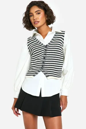 Boohoo Womens Tall Mono Stripe Knitted Waistcoat - Cotton - Size 10 UK