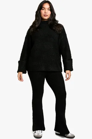 Boohoo Womens Plus Borg High Neck Cuff Detail Knitted Jumper And Flare Trouser Co-ord - - Size 22 UK