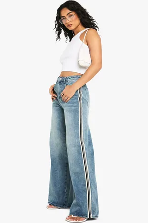 Boohoo Womens Side Stripe Detail Wide Leg Denim Jeans - Cotton - Size 14 UK
