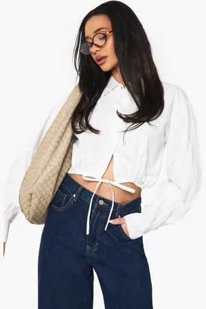 Boohoo Womens Crop Drawstring Ruched Hem Shirt - Cotton - Size 10 UK